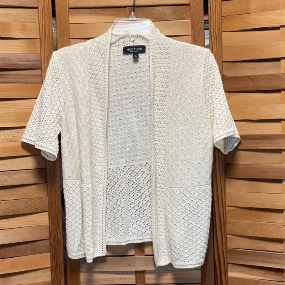 Perceptions New York Open Cream Cardigan Knit Sweater Women’s Large L Acrylic